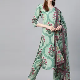 Yuris Women Green & Pink Pure Cotton Ethnic Motif Print Kurta with Trousers & Dupatta-picture-27