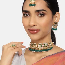 Zaveri Pearls White & Green Gold-Plated Meenakari Kundan Studded Jewellery Set-image-59