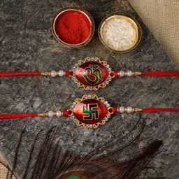 Sukkhi Rakhi Men Set Of 2 Gold-Plated Red & White Stone-Studded Rakhi With Roli Chawal & Greeting Card-picture-11