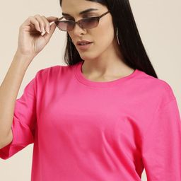 Difference of Opinion Women Pink Solid Pure Cotton Oversized T-shirt-image-97