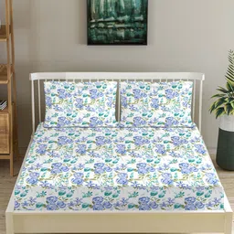 Trance Home Linen White & Blue Floral Cotton 180 TC Queen Bedsheet with 2 Pillow Covers-image-7