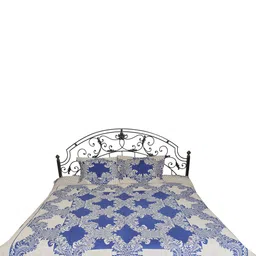 Exotic India Navy Blue & Beige Floral Cotton 300 TC Queen Bedsheet with 2 Pillow Covers-image-28