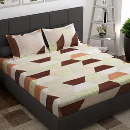 Story@home Cream-Coloured Geometric 144 TC Cotton 1 Queen Bedsheet with 2 Pillow Covers-33