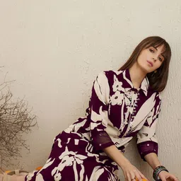 Indo Era Women Shirt Coller Floral Printed Regular Sequinned Kurta with Trousers-image-73