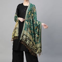 WEAVERS VILLA Women Teal Green & Beige Woven Design Tasselled Stole-6