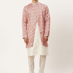 SOJANYA Men Off White & Red Ethnic Motifs Print Kurta & Churidar with Tailored Jacket-37