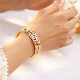 Rubans Set of 2, 22K Gold-Plated White Cubic Zirconia Studded Handcrafted Bangles-12