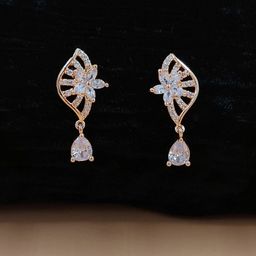 JYONA Rose Gold-Plated American Diamond & CZ Studded Floral Shaped Drop Earrings-image-92