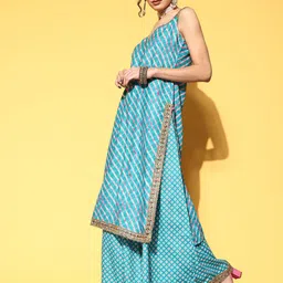 Varanga Women Turquoise Blue Leheriya Striped Mirror Work Kurta with Palazzos & Dupatta-image-34