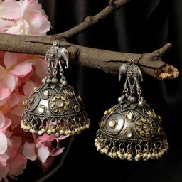 VIVAZS Silver-Plated Kundan Studded & Beaded Dome Shaped Oxidized Jhumkas-45