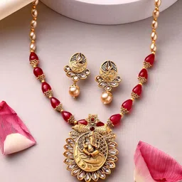 ADIVA 18K Gold-Plated Lord Ganesha Kundan Stone & Pearls Beaded Jewellery Set-0