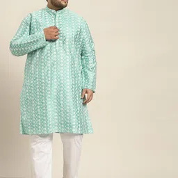 SOJANYA PLUS Men Blue & White Chikankari Embroidered Kurta-picture-19