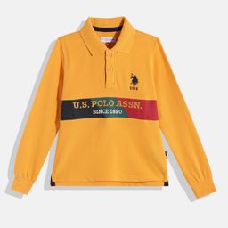 U.S. Polo Assn. Kids Boys Mustard Yellow Brand Logo Embroidered Pure Cotton T-shirt-image-71