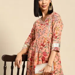 RANGMAYEE Peach-Coloured & Red Floral Ethnic A-Line Cotton Maxi Ethnic Dress-9
