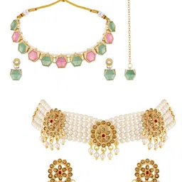 ASMITTA JEWELLERY Set Of 2 Gold-Plated Stone Studded & Beaded Choker Jewellery Set-picture-48