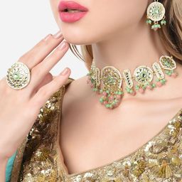 Zaveri Pearls Gold-Plated Green & Pink Kundan Studded & Beaded Meenakari Jewellery Set-25