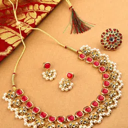 Zaveri Pearls Gold-Plated Pink & White Kundan-Studded & Beaded Traditional Jewellery Set-image-36
