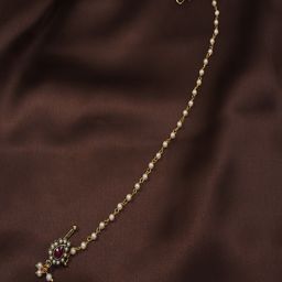 I Jewels Red & White Gold-Plated Pearl Studded Beaded Chained Nosepin-2