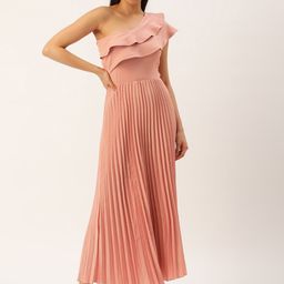 U&F Navy One Shoulder Flared Sleeve Accordion Pleated Ruffled Scuba Fit & Flare Maxi Dress-image-25
