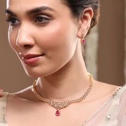 Rubans 22K Gold-Plated Ruby Red & Cubic Zirconia Studded Traditional Necklace Set-2