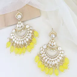 I Jewels Yellow Gold Plated Kundan & Faux Pearl Studded Chandbali Earrings-image-33