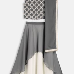 Ethnovog Girls Grey  White Embroidered Thread Work Made to Measure Lehenga  Blouse With Dupatta-picture-4