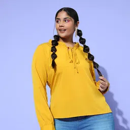 Berrylush Curve Plus Size Yellow Tie-Up Neck Ruffles Top-image-36