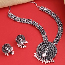 Yellow Chimes Oxidized Silver Brass-Plated & White Pearl-Beaded Handcrafted Jewellery Set-image-39