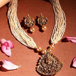 ADIVA 18K Gold-Plated Kundan-Studded & Multistrand Pearl-Beaded Temple Jewellery Set-image-10