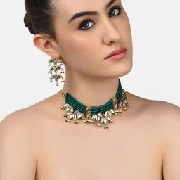 Zaveri Pearls Gold-Plated Green & White Kundan-Studded Beaded Jewellery Set-image-73