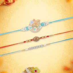 Yellow Bee Set Of 3 Artificial Stones Studded & Beaded Thread Rakhis With Roli Chawal-image-72