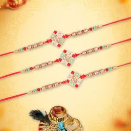 Yellow Bee Set Of 3 Artificial Stones Studded & Beaded Thread Rakhis With Roli Chawal-image-50