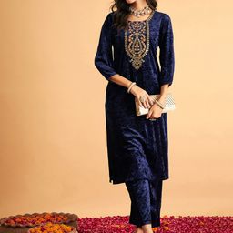 Shae by SASSAFRAS Navy Blue Floral Yoke Design Velvet Thread Work Kurta-image-77