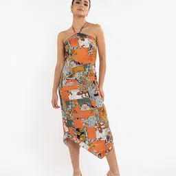 Stylecast X Hersheinbox Printed Halter Neck Satin Sheath Midi Dress-19