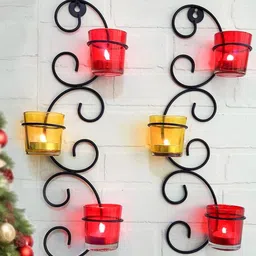 TIED RIBBONS Red & Yellow 2 Pieces Wall Hanging Tealight Candle Holder-10