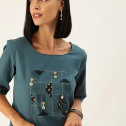 Varanga Women Teal Blue Printed Boxy Crop Top with Embellished Detail-picture-6