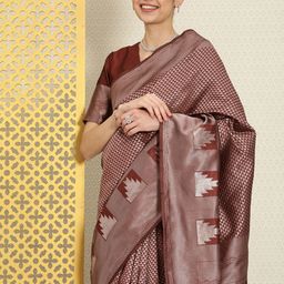 House of Pataudi Maroon & Silver Woven Design Zari Silk Blend Saree-image-65