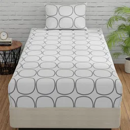 Huesland White & Grey Graphic Printed Cotton144 TC Single Bedsheet with 2 Pillow Covers-image-76