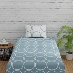 Huesland Blue & White Printed 144 TC Cotton Fitted Single Bedsheet with 2 Pillow Covers-image-88