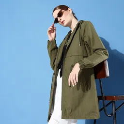 Roadster Women Olive Green Antiviral Protective Finish Solid Tailored Jacket-25