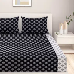 SWAYAM Black & Off-White 180 TC Fine Cotton Double Fitted Bedsheet with 2 Pillow Covers-image-40