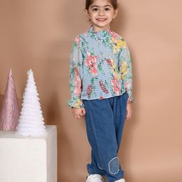 LilPicks Girls Blue Floral Print Georgette High Neck Smocked Top-image-95
