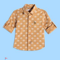U.S. Polo Assn. Kids Boys Mustard Yellow Conversational Printed Pure Cotton Casual Shirt-image-33
