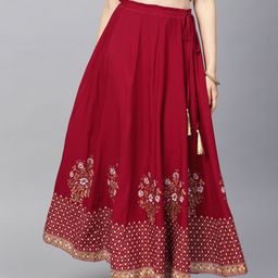 Varanga Maroon & Golden Khadi Print Flared Maxi Skirt-image-36