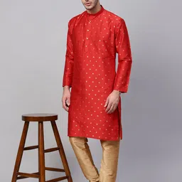 SOJANYA Men Red & Golden Self Design Kurta with Churidar-picture-6