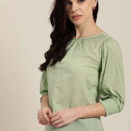 All about you Green Self Design Cotton Dobby Pattern Smocked Regular top-image-41