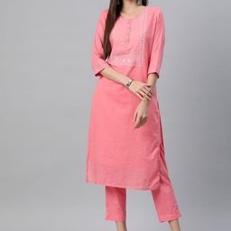 Readiprint Fashions Women Pink Floral Embroidered Regular Sequinned Pure Cotton Kurta with Palazzos-image-67