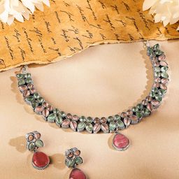 Rubans Oxidised Silver-Plated Pastel Pink & Green Kundan Studded Necklace Set with Drops-46