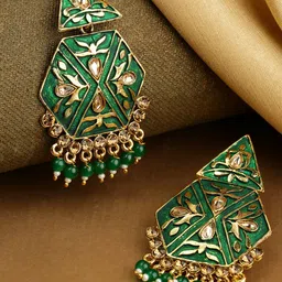 Priyaasi Green Gold-Plated Stone-Studded & Beaded Handcrafted Geometric Drop Earrings-1