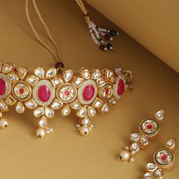 Priyaasi Pink Gold-Plated Kundan-Studded & Beaded Handcrafted Choker Jewellery Set-47